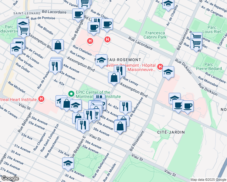 map of restaurants, bars, coffee shops, grocery stores, and more near 5390 Rue Beaubien Est in Montreal