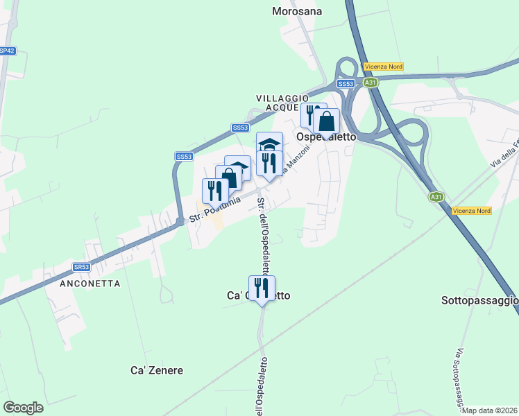 map of restaurants, bars, coffee shops, grocery stores, and more near Strada dell'Ospedaletto in Province of Vicenza