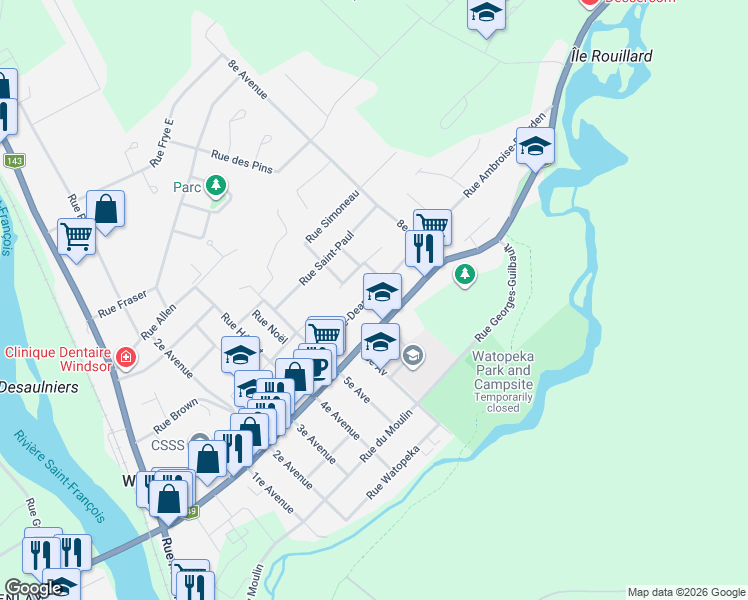 map of restaurants, bars, coffee shops, grocery stores, and more near 236 Rue Ambroise-Dearden in Windsor