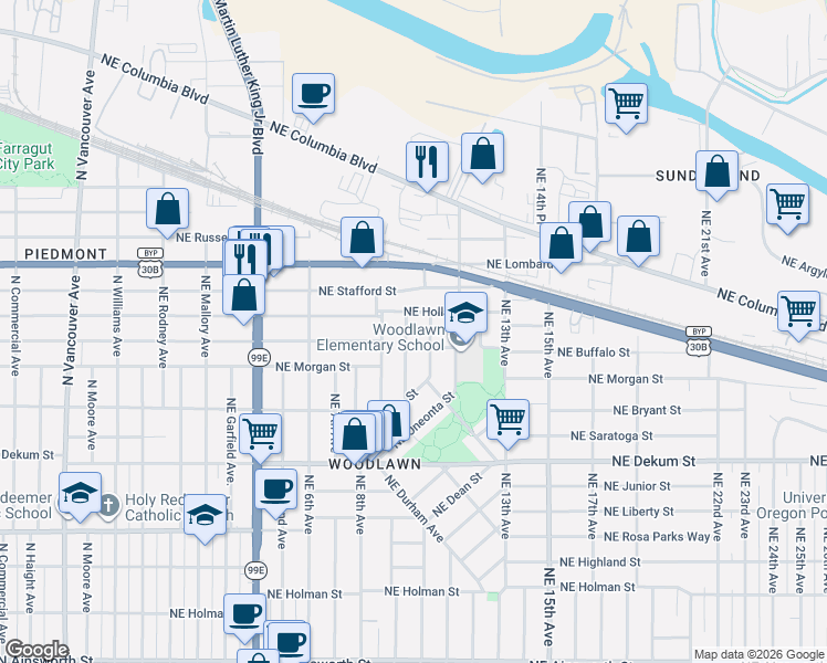 map of restaurants, bars, coffee shops, grocery stores, and more near 7214 Northeast 9th Avenue in Portland