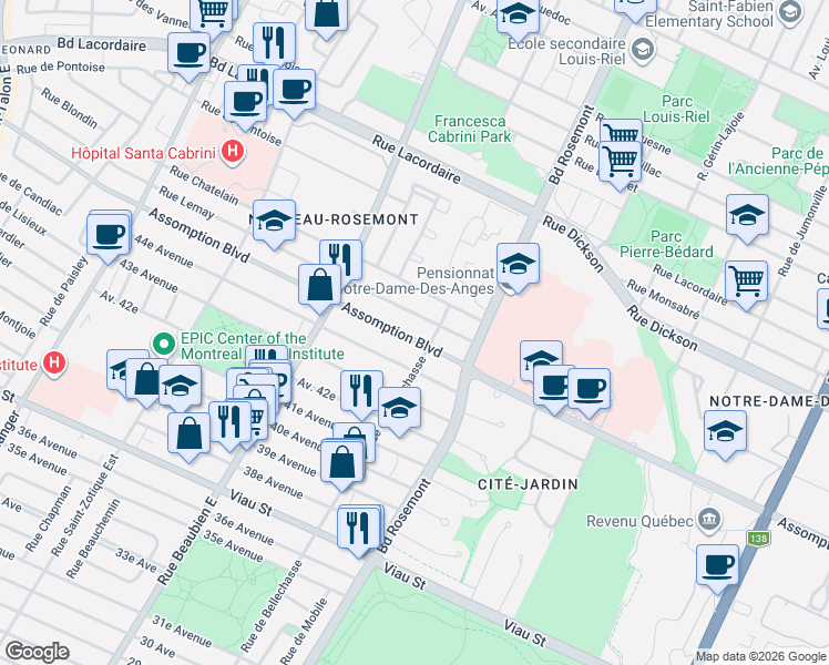 map of restaurants, bars, coffee shops, grocery stores, and more near 6255 Boulevard de l'Assomption in Montréal
