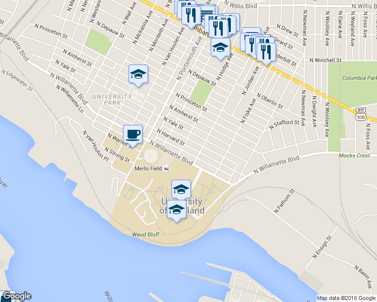 map of restaurants, bars, coffee shops, grocery stores, and more near 6812 North Hodge Avenue in Portland