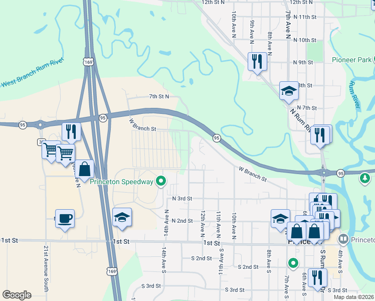 map of restaurants, bars, coffee shops, grocery stores, and more near 1203 West Branch Street in Princeton
