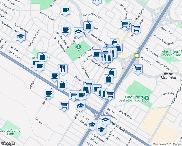 map of restaurants, bars, coffee shops, grocery stores, and more near 4432 Rue d'Assise in Montréal