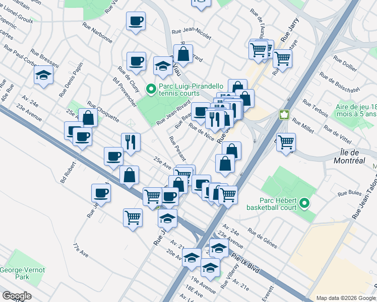 map of restaurants, bars, coffee shops, grocery stores, and more near 4432 Rue d'Assise in Montréal