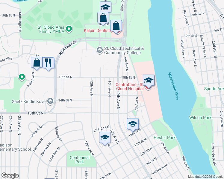 map of restaurants, bars, coffee shops, grocery stores, and more near 1436 10th Avenue North in St. Cloud