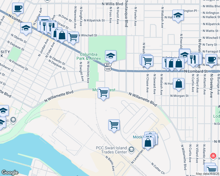 map of restaurants, bars, coffee shops, grocery stores, and more near 4133 North Willamette Boulevard in Portland