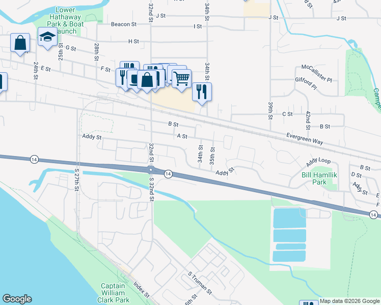 map of restaurants, bars, coffee shops, grocery stores, and more near 3321 Addy Street in Washougal