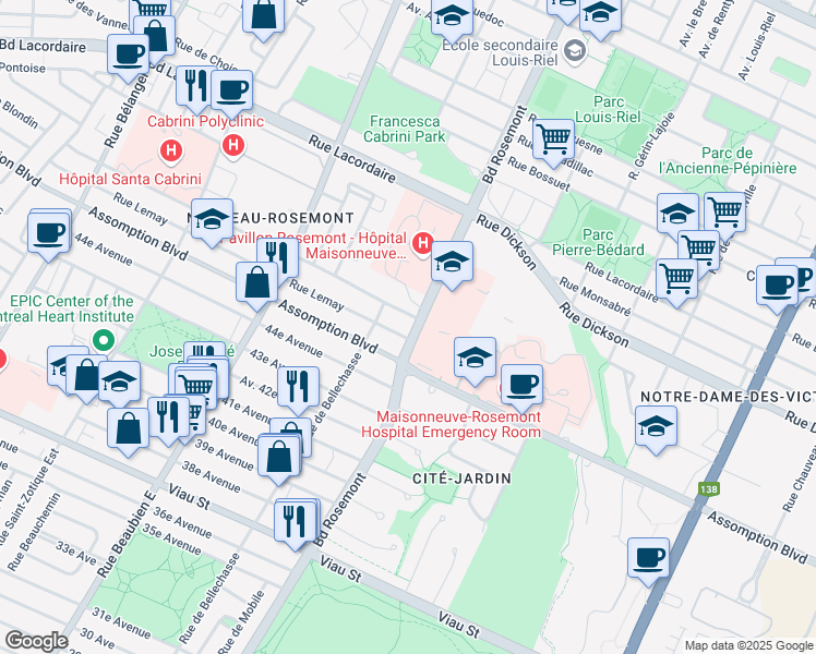 map of restaurants, bars, coffee shops, grocery stores, and more near 5527 Boulevard Rosemont in Montréal
