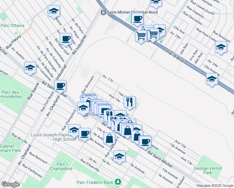 map of restaurants, bars, coffee shops, grocery stores, and more near 9190 16e Avenue in Montréal