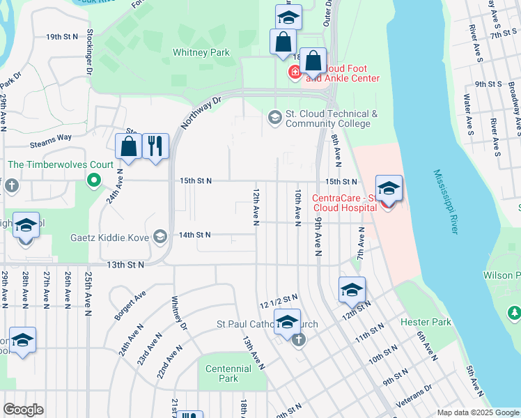 map of restaurants, bars, coffee shops, grocery stores, and more near 1485 12th Avenue North in Saint Cloud