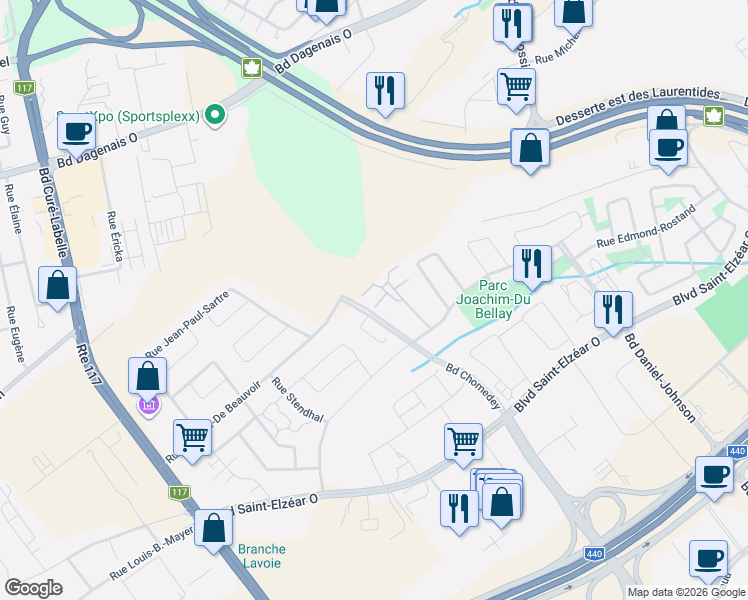 map of restaurants, bars, coffee shops, grocery stores, and more near 3443 Rue Joachim-du-Bellay in Laval