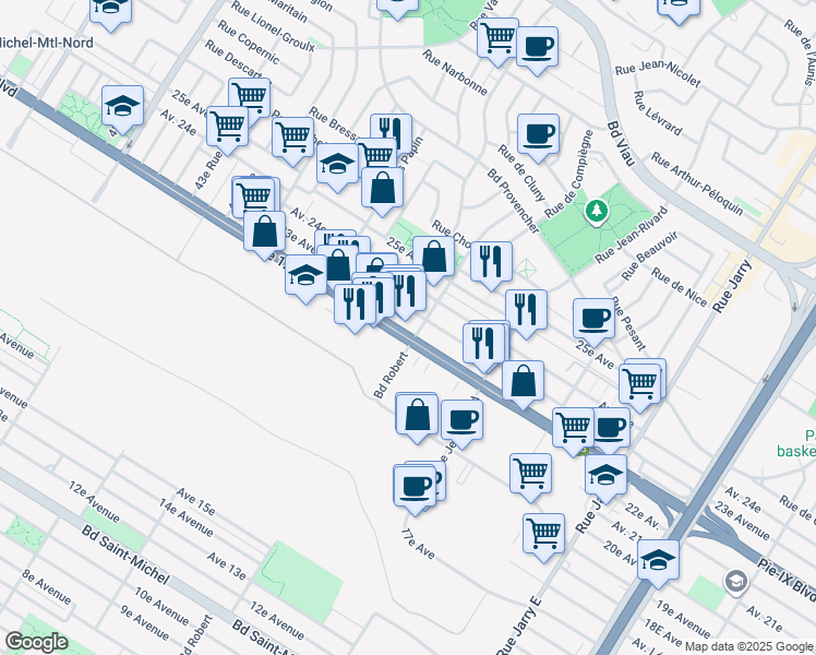 map of restaurants, bars, coffee shops, grocery stores, and more near in Montreal