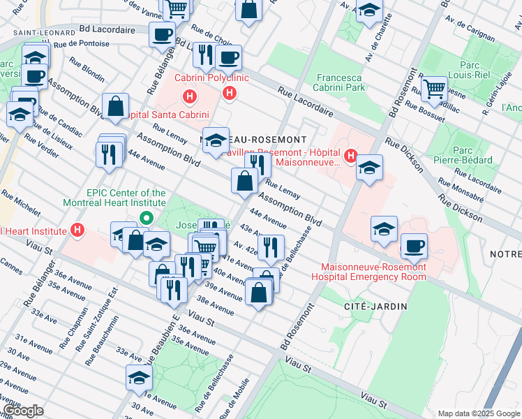 map of restaurants, bars, coffee shops, grocery stores, and more near 6435 44e Avenue in Montréal