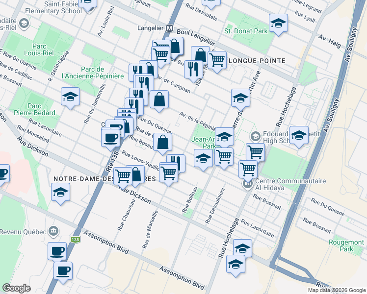 map of restaurants, bars, coffee shops, grocery stores, and more near 6005 Rue de Marseille in Montréal