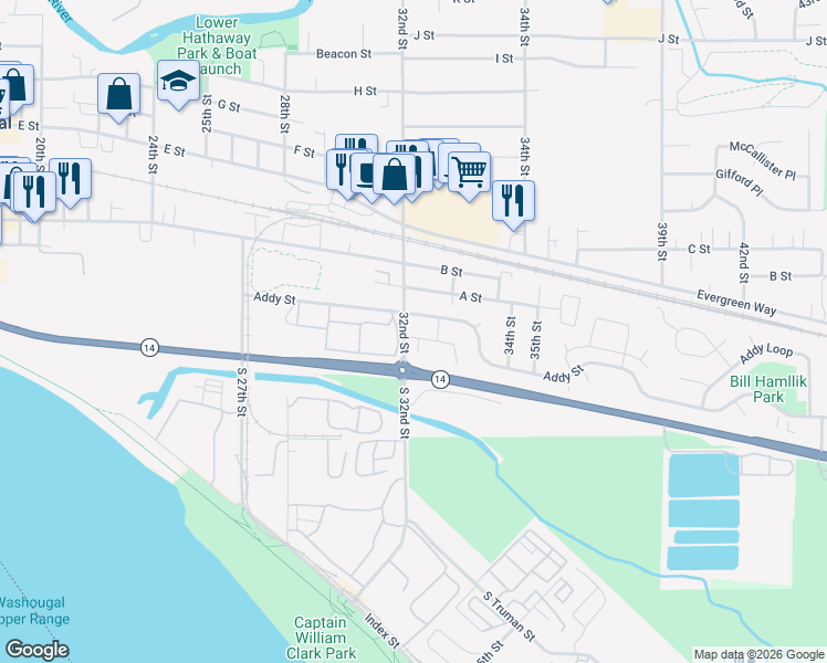 map of restaurants, bars, coffee shops, grocery stores, and more near 54 32nd Street in Washougal