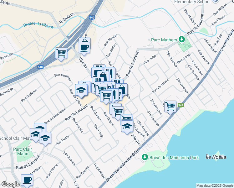 map of restaurants, bars, coffee shops, grocery stores, and more near 250 Rue Guérin in Saint-Eustache