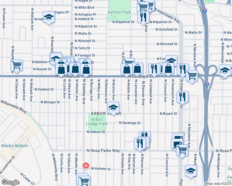 map of restaurants, bars, coffee shops, grocery stores, and more near 7238 North Boston Avenue in Portland