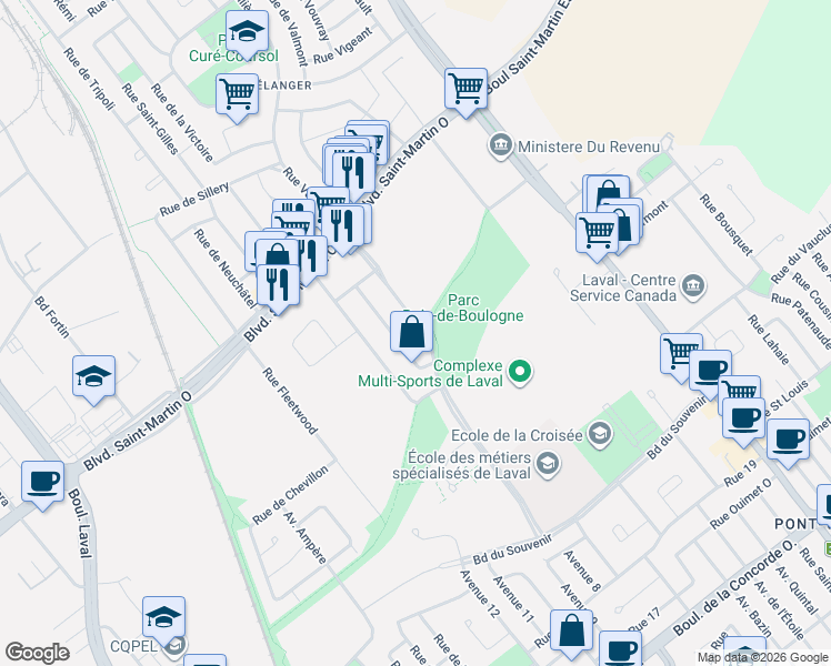 map of restaurants, bars, coffee shops, grocery stores, and more near 2005 Avenue de Bois-de-Boulogne in Laval