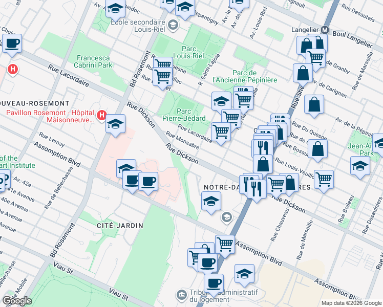 map of restaurants, bars, coffee shops, grocery stores, and more near 5267 Rue Dickson in Montréal