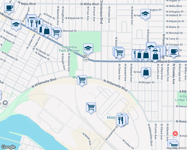 map of restaurants, bars, coffee shops, grocery stores, and more near 7219 North Hurst Avenue in Portland