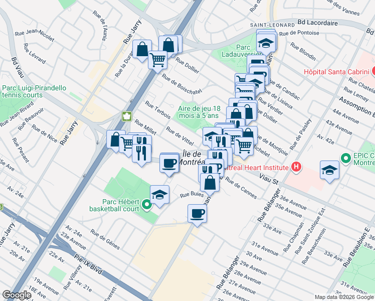 map of restaurants, bars, coffee shops, grocery stores, and more near 7455 Rue Millet in Montréal