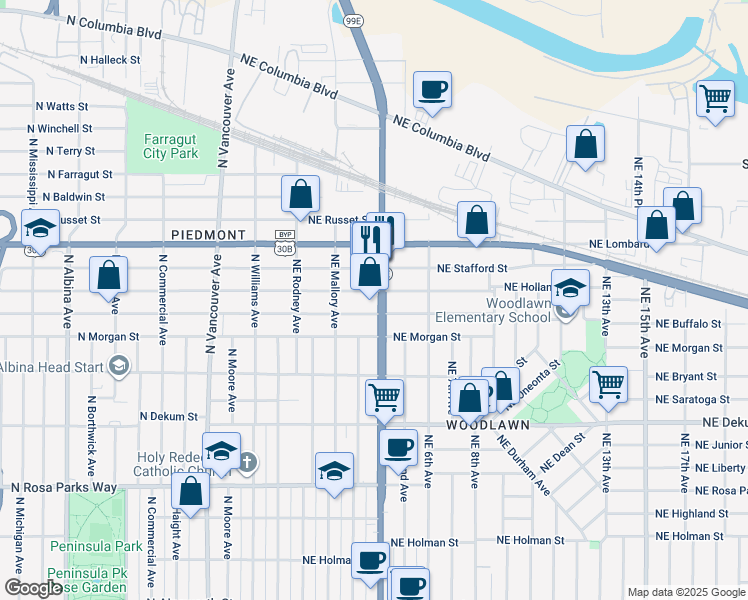 map of restaurants, bars, coffee shops, grocery stores, and more near 7410 Northeast Martin Luther King Junior Boulevard in Portland