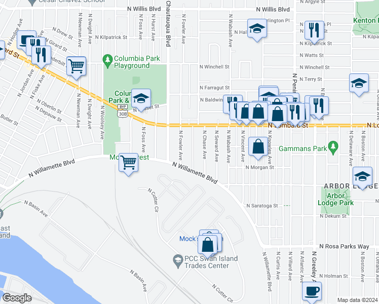 map of restaurants, bars, coffee shops, grocery stores, and more near 7225 North Washburne Avenue in Portland