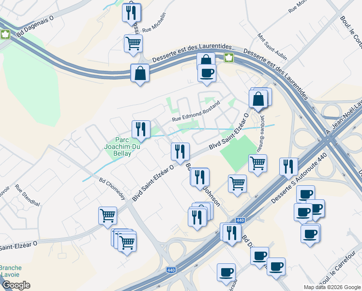 map of restaurants, bars, coffee shops, grocery stores, and more near 2971 Boulevard Daniel-Johnson in Laval