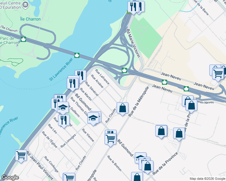 map of restaurants, bars, coffee shops, grocery stores, and more near 240 Rue Lafrance in Longueuil