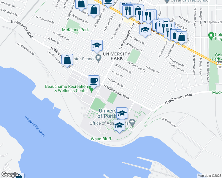 map of restaurants, bars, coffee shops, grocery stores, and more near North Willamette Boulevard in Portland