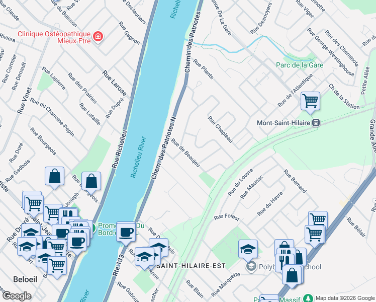 map of restaurants, bars, coffee shops, grocery stores, and more near 535 Rue de Beaujeu in Mont-Saint-Hilaire