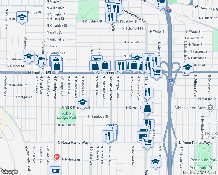 map of restaurants, bars, coffee shops, grocery stores, and more near 7215 North Denver Avenue in Portland