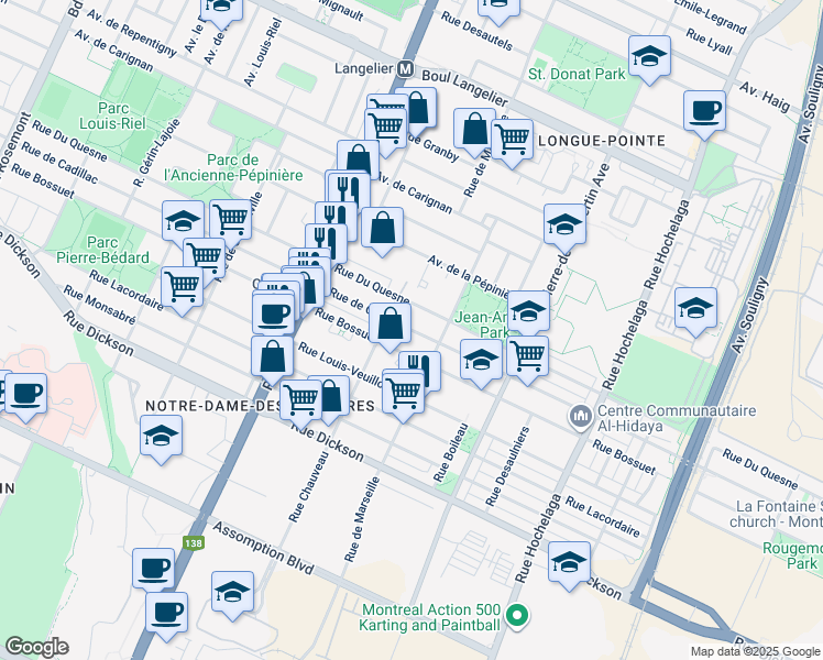 map of restaurants, bars, coffee shops, grocery stores, and more near Rue de Cadillac in Montréal