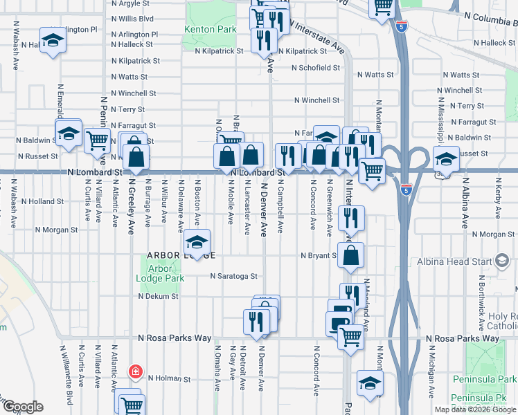 map of restaurants, bars, coffee shops, grocery stores, and more near 7304 North Lancaster Avenue in Portland