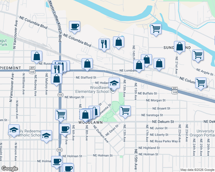 map of restaurants, bars, coffee shops, grocery stores, and more near 919 Northeast Holland Street in Portland