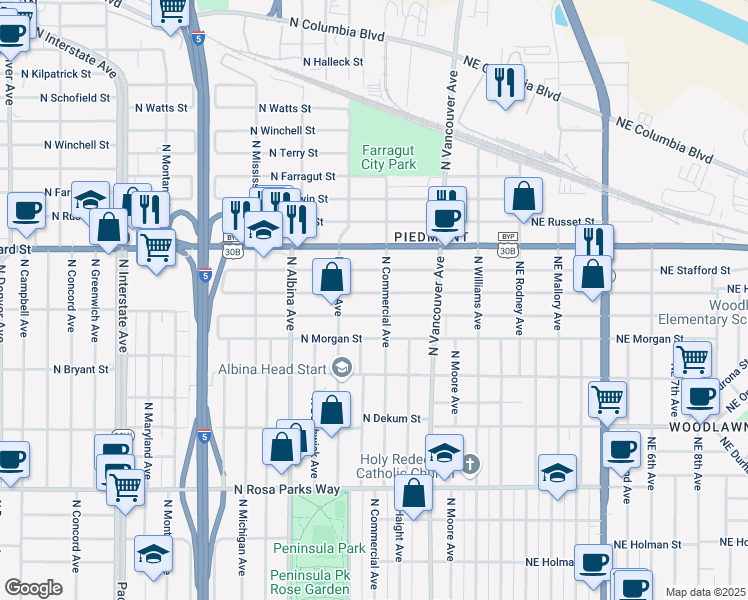 map of restaurants, bars, coffee shops, grocery stores, and more near 541 North Holland Street in Portland