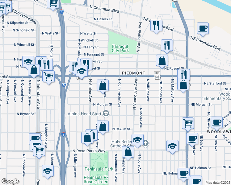 map of restaurants, bars, coffee shops, grocery stores, and more near 541 North Holland Street in Portland