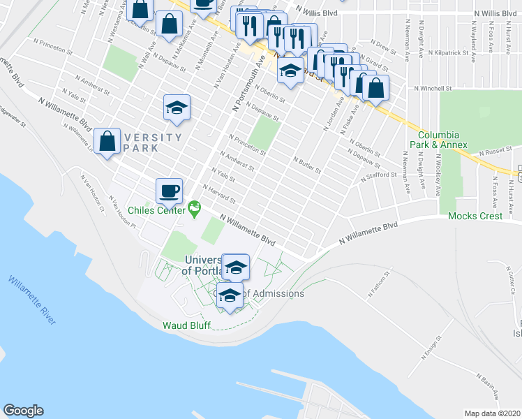 map of restaurants, bars, coffee shops, grocery stores, and more near 5012 North Yale Street in Portland