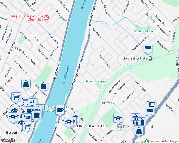 map of restaurants, bars, coffee shops, grocery stores, and more near 535 Rue de Beaujeu in Mont-Saint-Hilaire