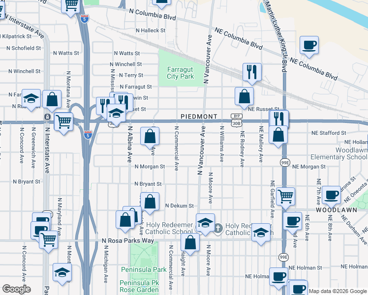 map of restaurants, bars, coffee shops, grocery stores, and more near 405 North Holland Street in Portland