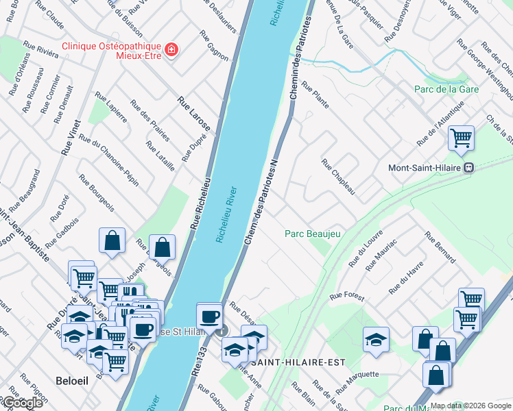 map of restaurants, bars, coffee shops, grocery stores, and more near 475 Chemin des Patriotes Nord in Mont-Saint-Hilaire