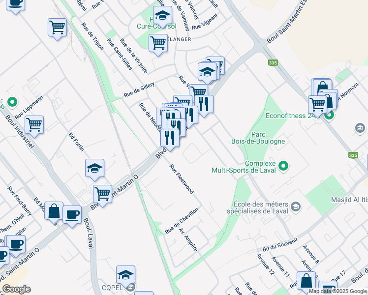 map of restaurants, bars, coffee shops, grocery stores, and more near 584 Rue de Chablis in Laval
