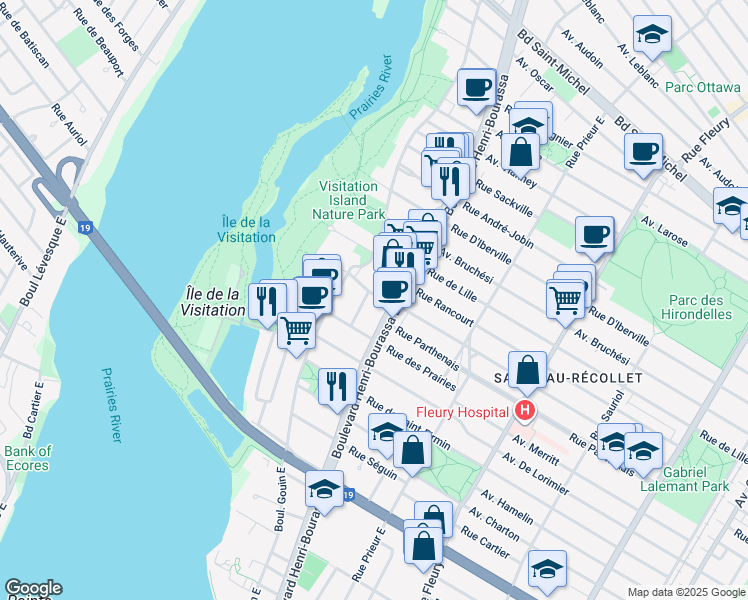 map of restaurants, bars, coffee shops, grocery stores, and more near 2323 Boulevard Henri-Bourassa Est in Montréal