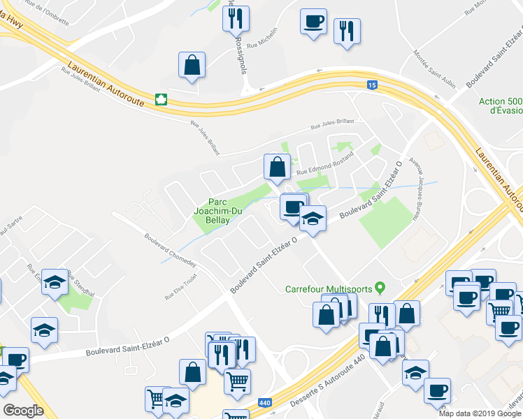 map of restaurants, bars, coffee shops, grocery stores, and more near 3028 Boulevard Daniel-Johnson in Laval