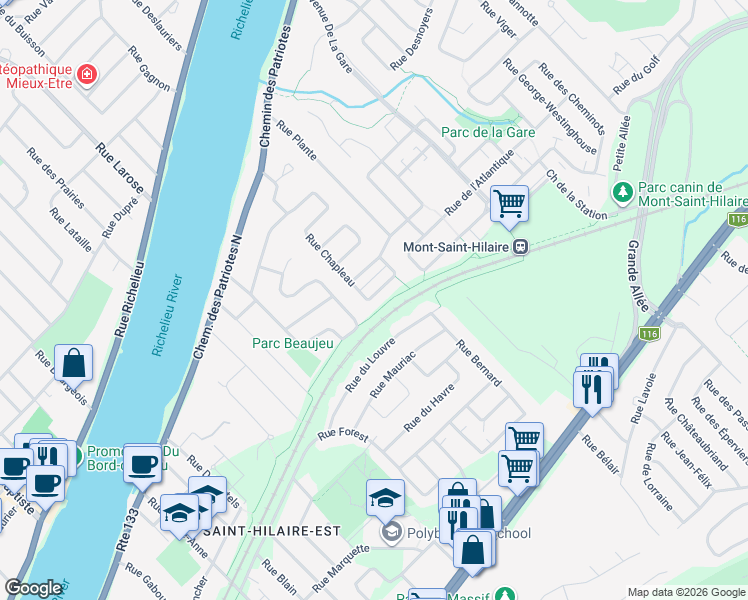 map of restaurants, bars, coffee shops, grocery stores, and more near 796 Rue Chapleau in Mont-Saint-Hilaire