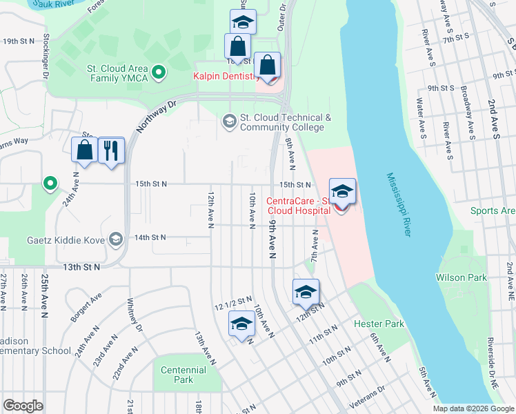map of restaurants, bars, coffee shops, grocery stores, and more near 1436 10th Avenue North in St. Cloud