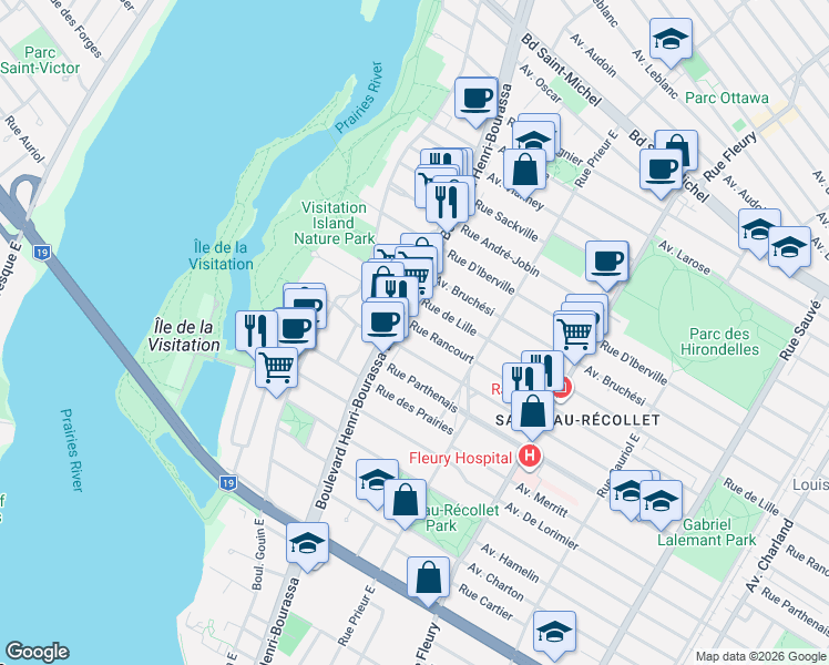 map of restaurants, bars, coffee shops, grocery stores, and more near 10682 Rue Rancourt in Montréal