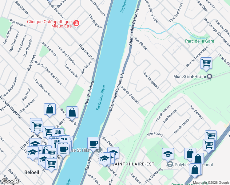 map of restaurants, bars, coffee shops, grocery stores, and more near 475 Chemin des Patriotes Nord in Mont-Saint-Hilaire