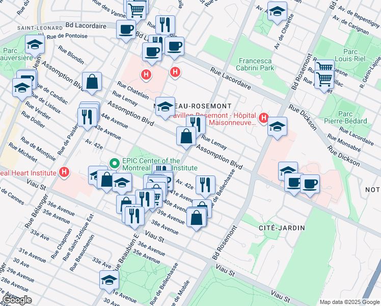 map of restaurants, bars, coffee shops, grocery stores, and more near 5410 Rue Beaubien Est in Montréal